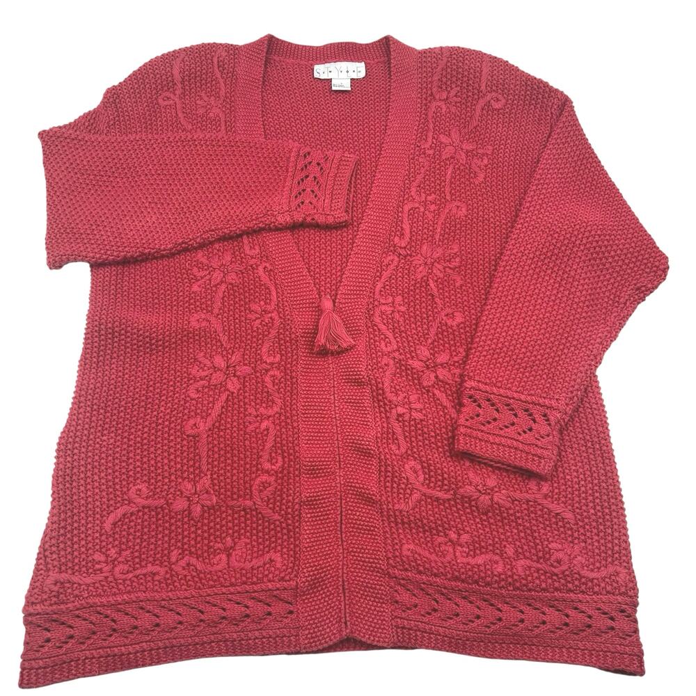 Vintage Cottagecore Embroidered Heavy Chunky New York Style Zip Cardigan Sz L